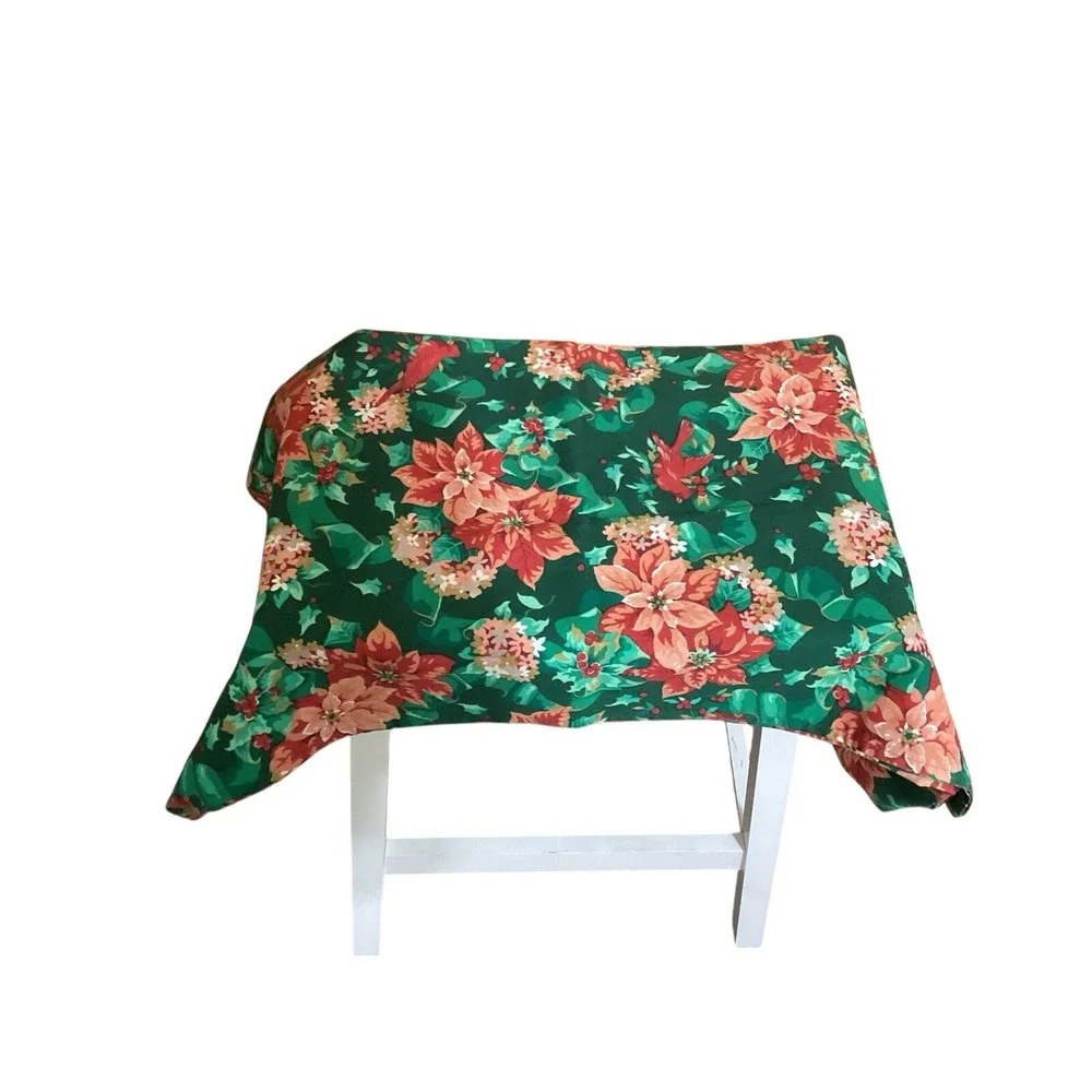 Vintage Green Christmas Tablecloth with‎ Poinsettias and Flowers 59